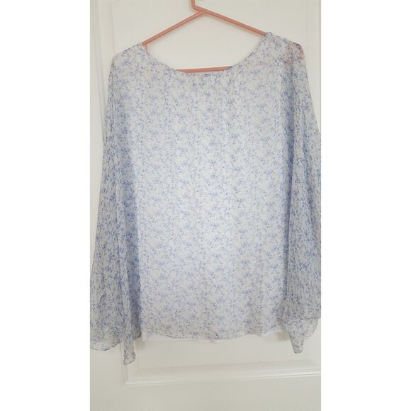MARINA GIGLI Cream Blue Floral Print Silk Lace Short Sleeve Top Size Large - Picture 5 of 8